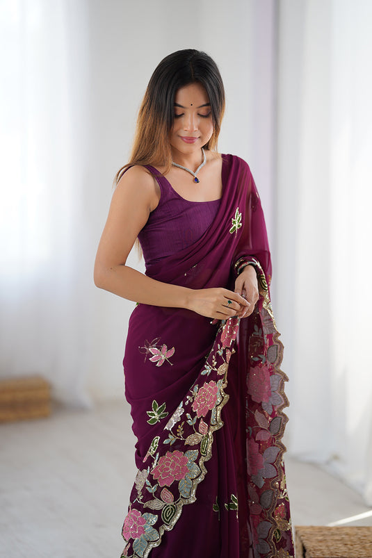 Wine Sequins Embroidered Georgette Party Wear Saree For Women