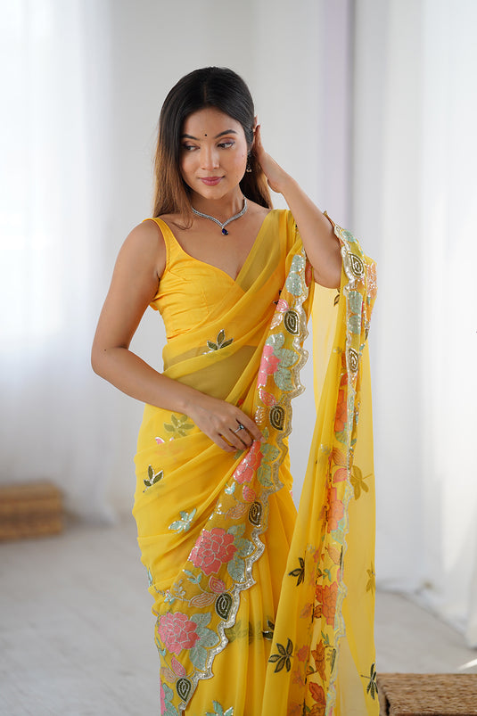 Wine Sequins Embroidered Georgette Party Wear Saree For Women