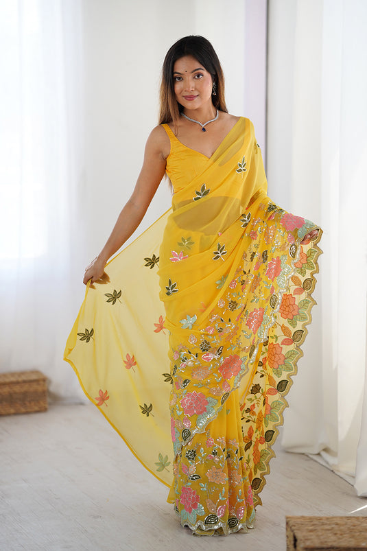 Wine Sequins Embroidered Georgette Party Wear Saree For Women