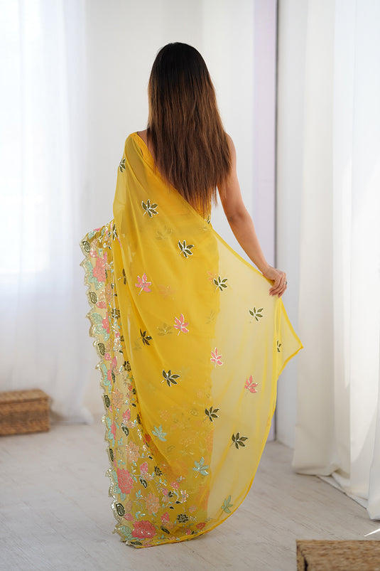 Wine Sequins Embroidered Georgette Party Wear Saree For Women