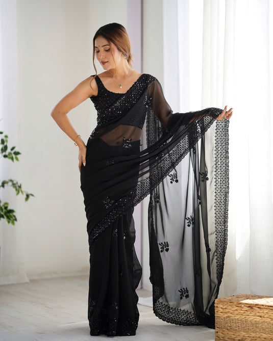 Black Sequins Embroidered Georgette Party Wear Saree For Women