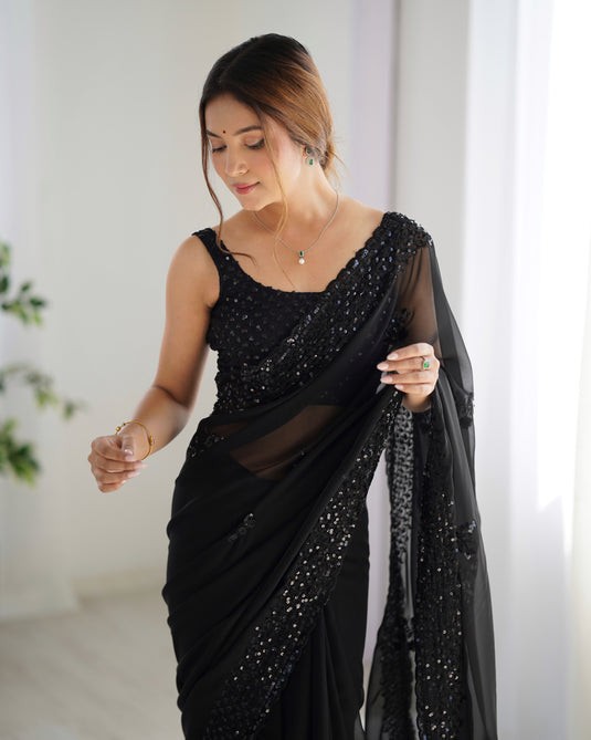 Black Sequins Embroidered Georgette Party Wear Saree For Women