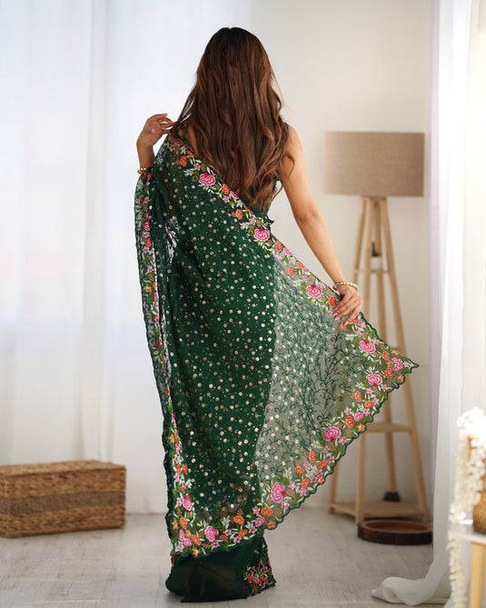 Wine Sequins Embroidered Georgette Party Wear Saree For Women