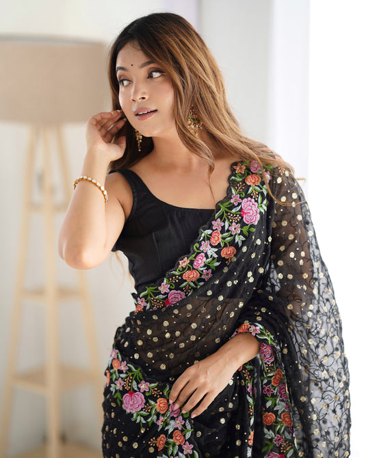 Wine Sequins Embroidered Georgette Party Wear Saree For Women