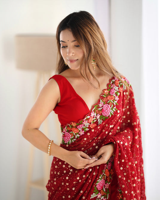 Wine Sequins Embroidered Georgette Party Wear Saree For Women