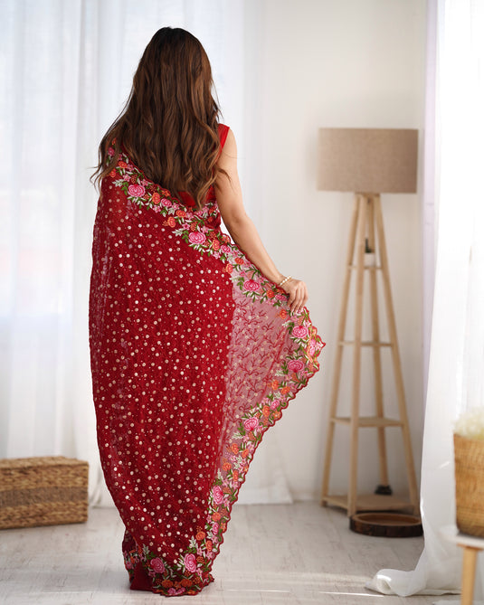 Wine Sequins Embroidered Georgette Party Wear Saree For Women