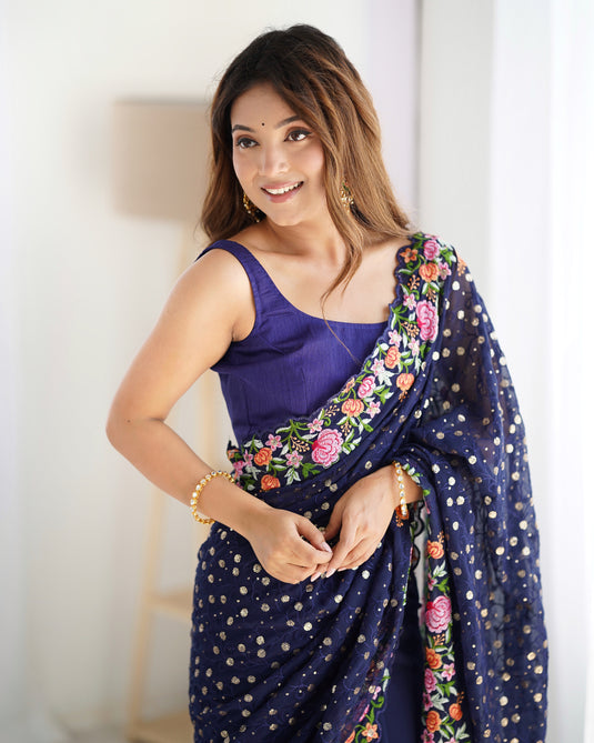 Wine Sequins Embroidered Georgette Party Wear Saree For Women