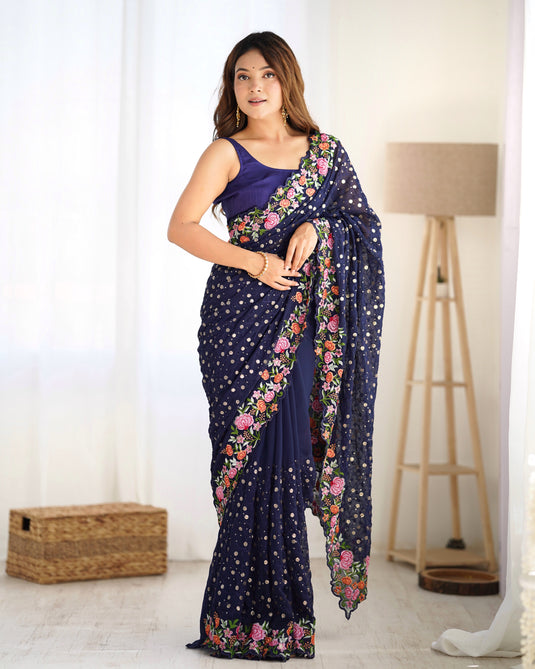 Wine Sequins Embroidered Georgette Party Wear Saree For Women
