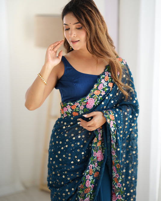 Wine Sequins Embroidered Georgette Party Wear Saree For Women