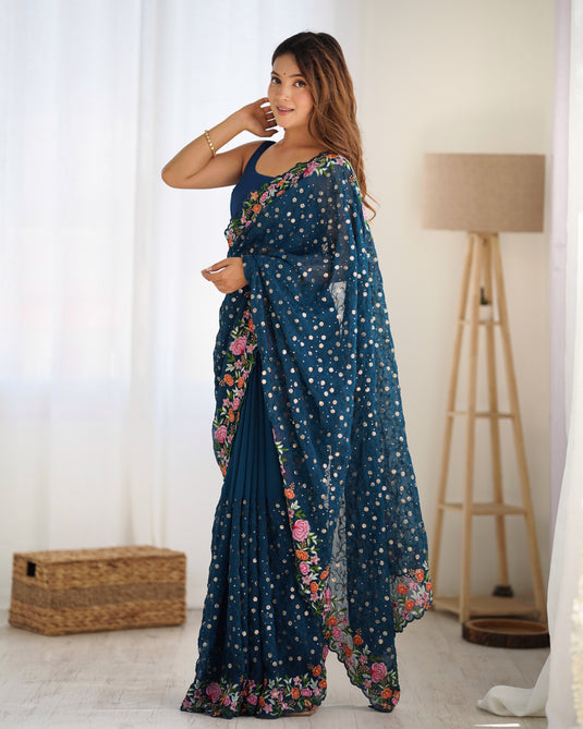 Wine Sequins Embroidered Georgette Party Wear Saree For Women