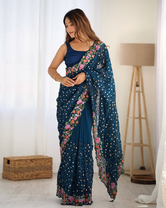 Wine Sequins Embroidered Georgette Party Wear Saree For Women