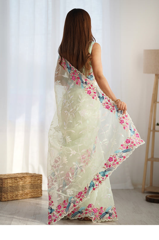 White Sequins Embroidered Organza Festive Saree For Women