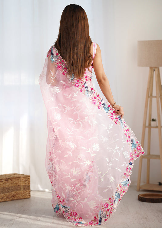 White Sequins Embroidered Organza Festive Saree For Women