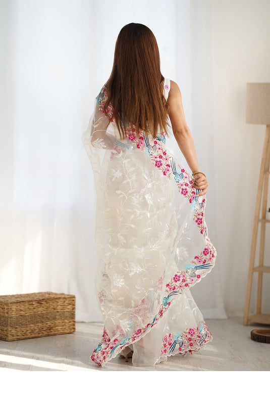 White Sequins Embroidered Organza Festive Saree For Women
