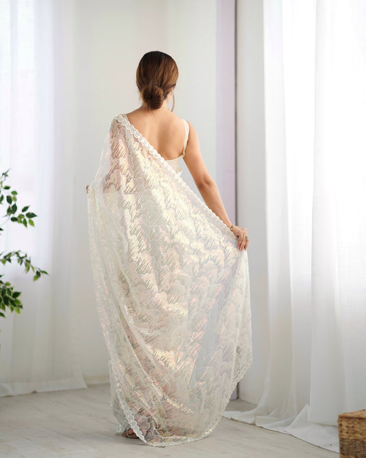 White Embroidered Soft Butterfly Net Party Wear Saree For Women