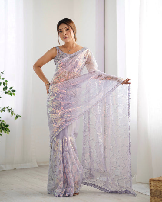 White Embroidered Soft Butterfly Net Party Wear Saree For Women