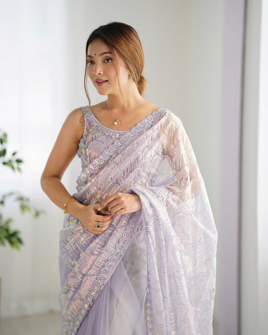 White Embroidered Soft Butterfly Net Party Wear Saree For Women