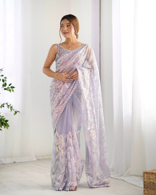 White Embroidered Soft Butterfly Net Party Wear Saree For Women