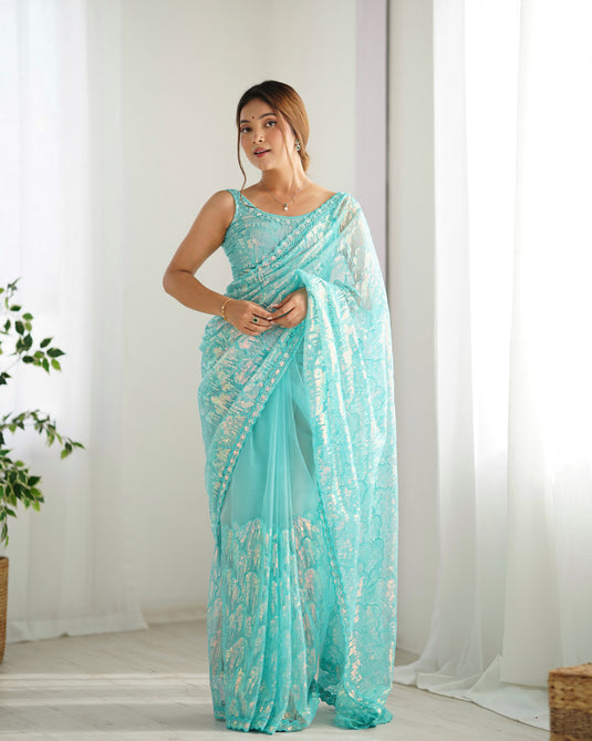 White Embroidered Soft Butterfly Net Party Wear Saree For Women