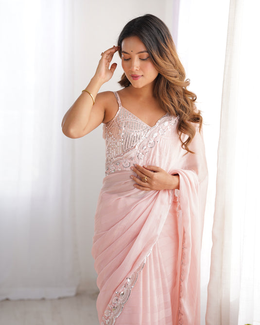 Baby Pink Sequins Embroidered Chiffon Ceremonial Wear Saree For Women