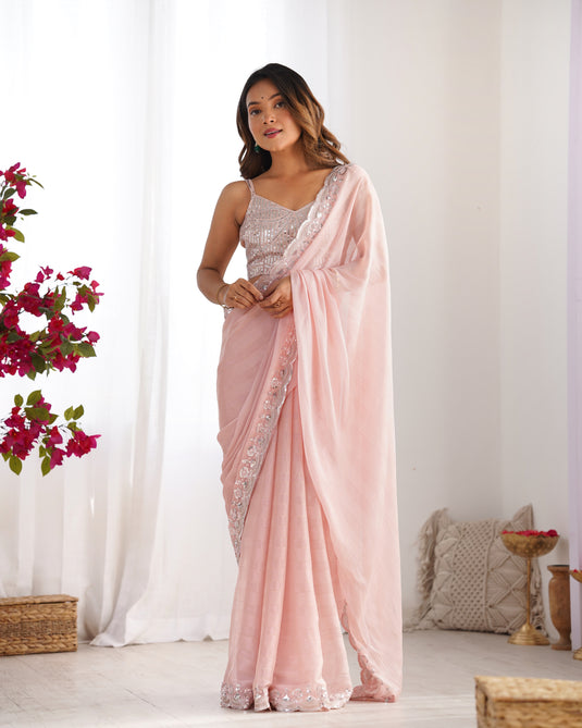 Baby Pink Sequins Embroidered Chiffon Ceremonial Wear Saree For Women
