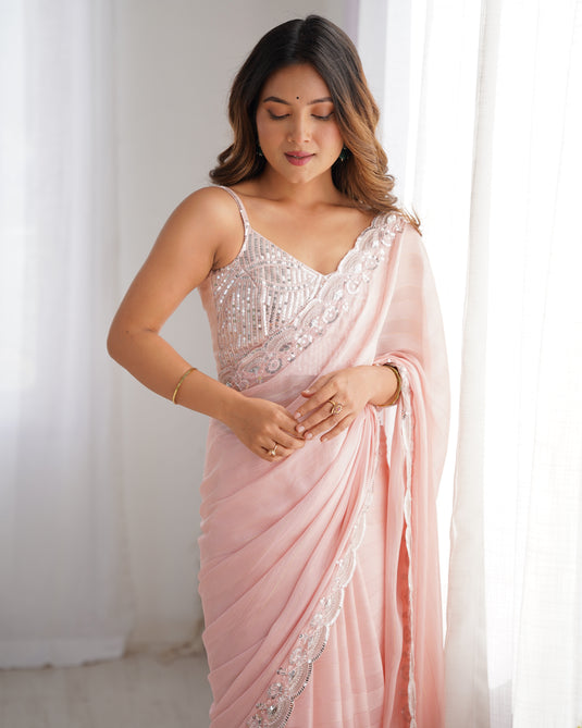Baby Pink Sequins Embroidered Chiffon Ceremonial Wear Saree For Women