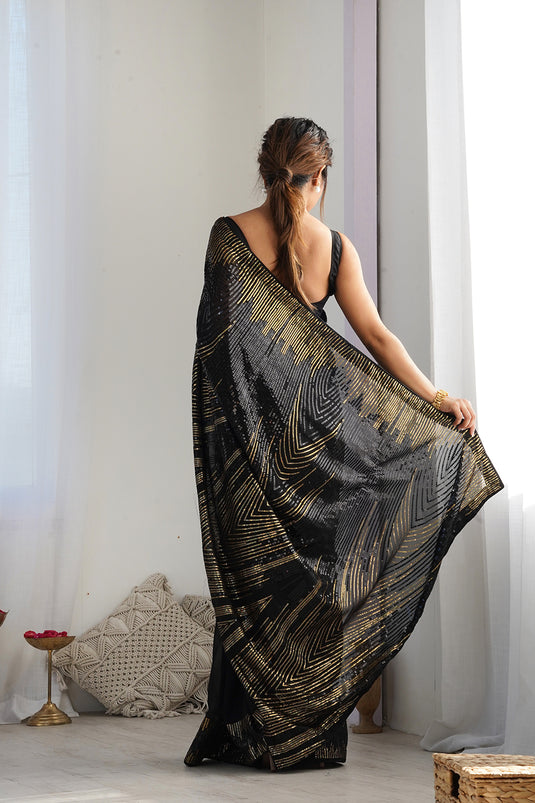 Wine Sequins Embroidered Georgette Party Wear Saree For Women