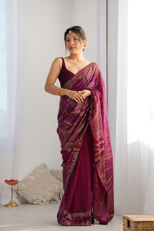 Wine Sequins Embroidered Georgette Party Wear Saree For Women