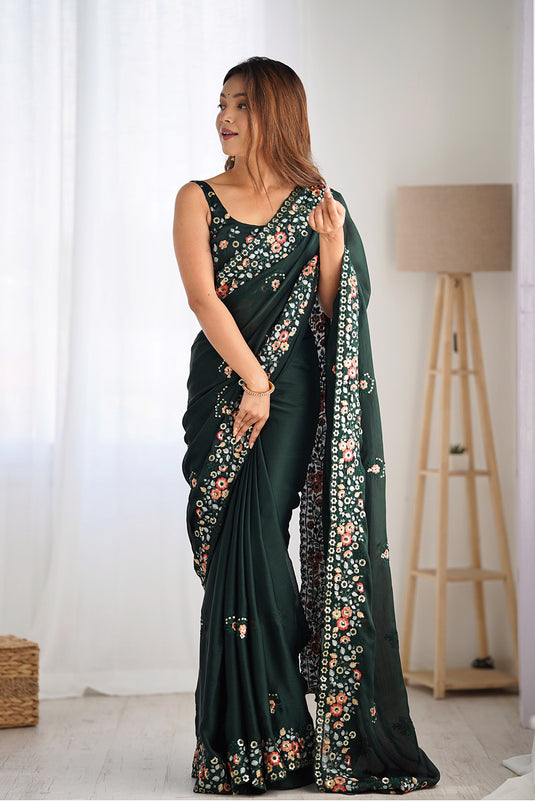 Black Sequins Embroidered Satin Chiffon Party Wear Saree For Women