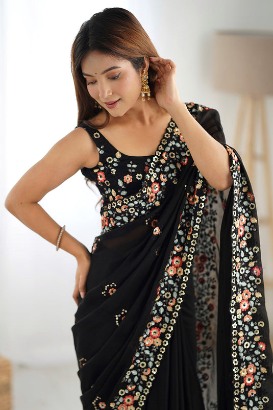 Black Sequins Embroidered Satin Chiffon Party Wear Saree For Women