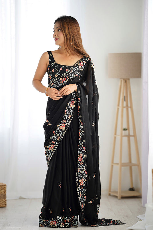 Black Sequins Embroidered Satin Chiffon Party Wear Saree For Women