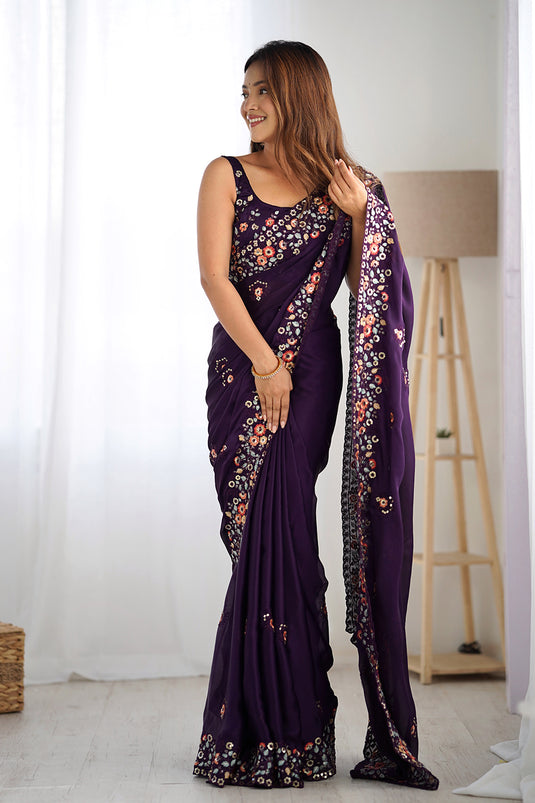 Black Sequins Embroidered Satin Chiffon Party Wear Saree For Women