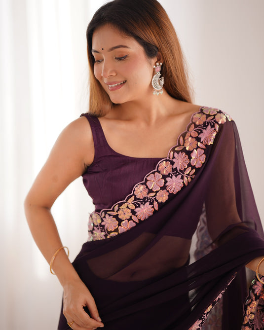 Wine Sequins Embroidered Georgette Party Wear Saree For Women