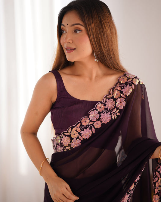 Wine Sequins Embroidered Georgette Party Wear Saree For Women