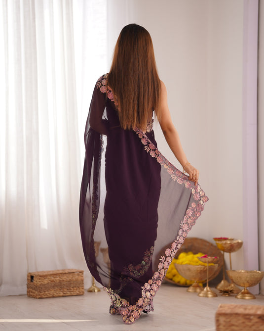 Wine Sequins Embroidered Georgette Party Wear Saree For Women