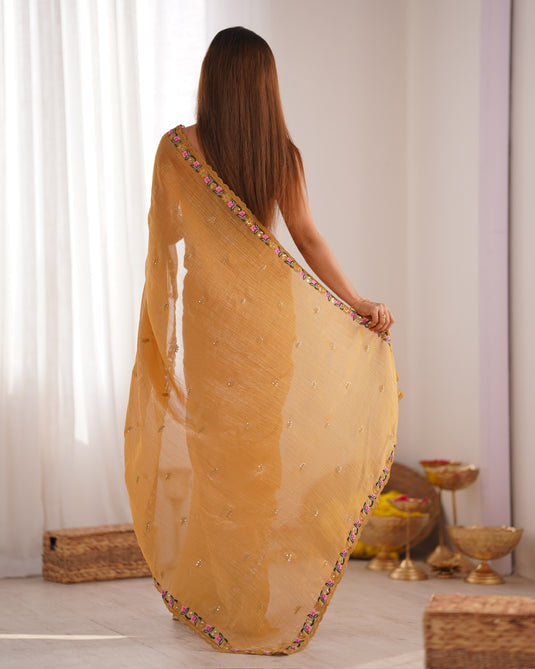 Mustard Floral Embroidered Tissue Fesive Wear Saree For Women