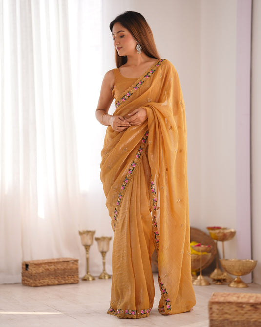 Mustard Floral Embroidered Tissue Fesive Wear Saree For Women