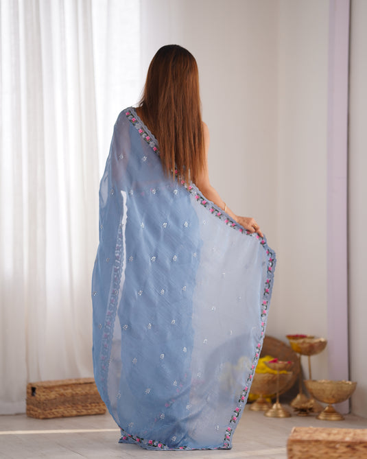 Mustard Floral Embroidered Tissue Fesive Wear Saree For Women