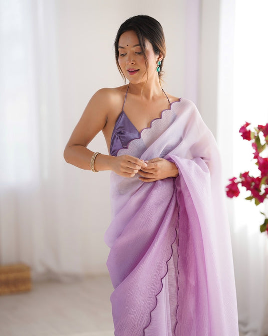 Fancy Purple Aarco Lace Work Crunchy Padding Party Wear Saree For Women