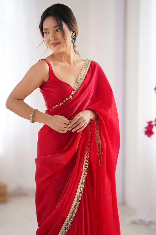 Wine Sequins Hand work Fandy Two Tone Satin Saree For Women