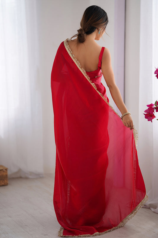 Wine Sequins Hand work Fandy Two Tone Satin Saree For Women