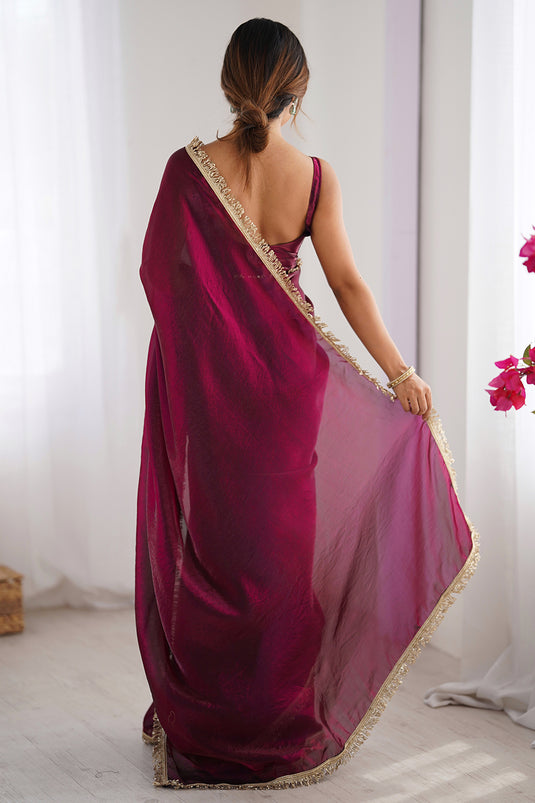 Wine Sequins Hand work Fandy Two Tone Satin Saree For Women