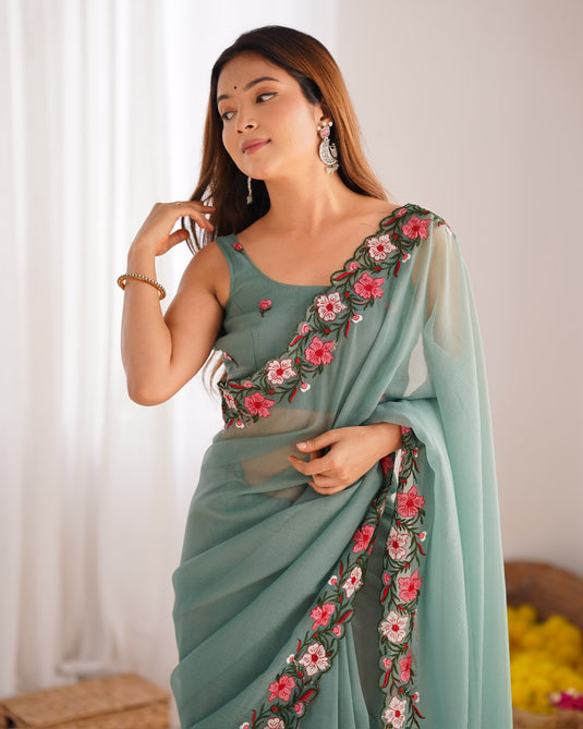Blue Floral Embroidered Tissue Festive Wear Saree For Women
