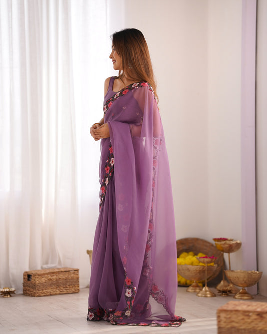 Blue Floral Embroidered Tissue Festive Wear Saree For Women