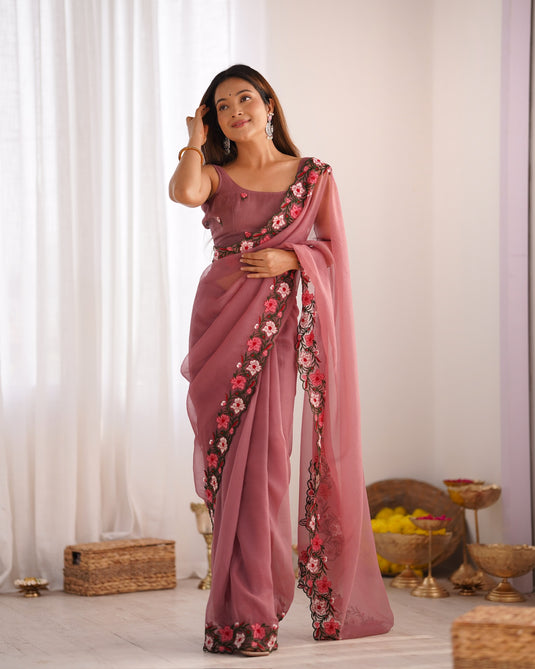 Blue Floral Embroidered Tissue Festive Wear Saree For Women