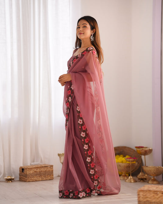 Blue Floral Embroidered Tissue Festive Wear Saree For Women