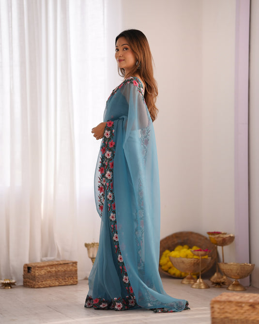 Blue Floral Embroidered Tissue Festive Wear Saree For Women