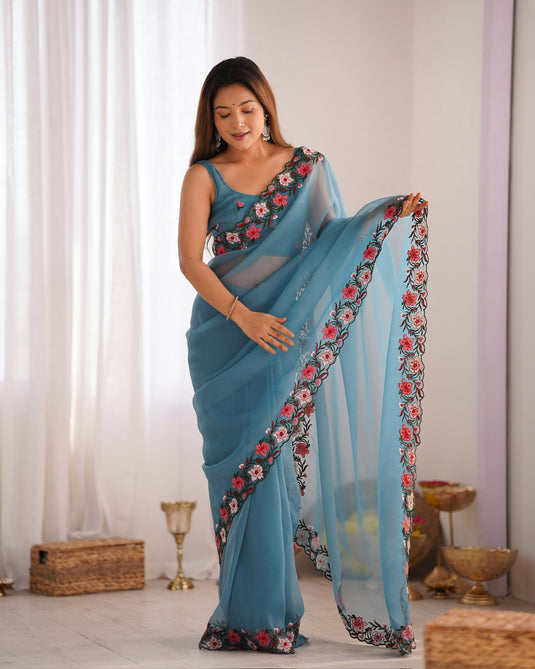 Blue Floral Embroidered Tissue Festive Wear Saree For Women