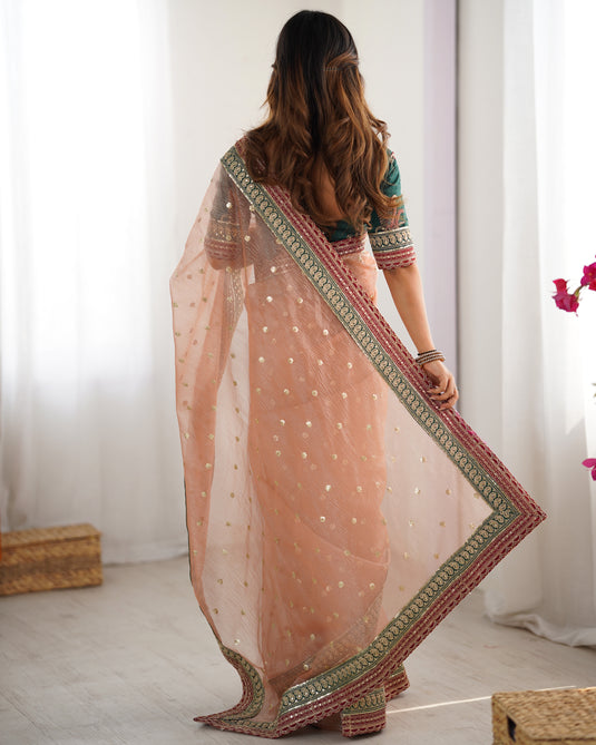 Peach Sequins Embroidered Organza Festive Wear Saree For Women
