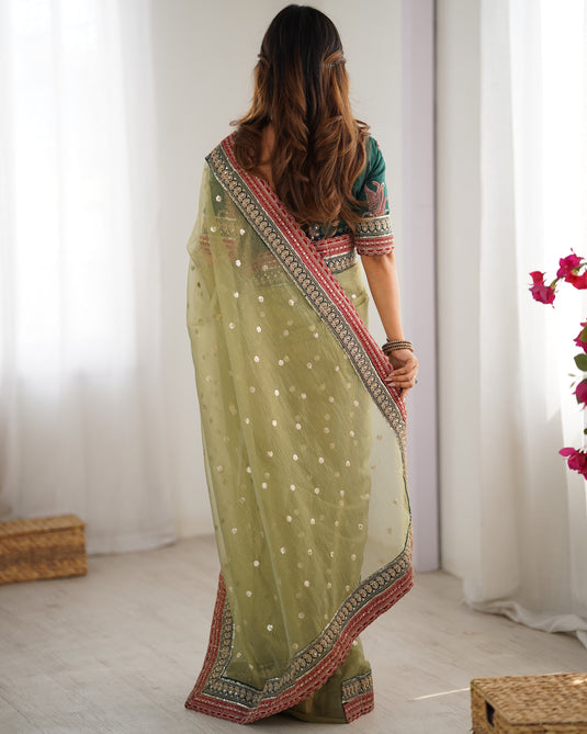 Peach Sequins Embroidered Organza Festive Wear Saree For Women